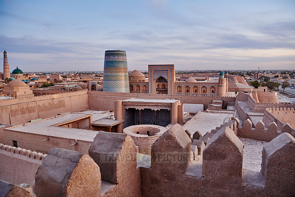 Panorama of ancient city of Khiva during sunset