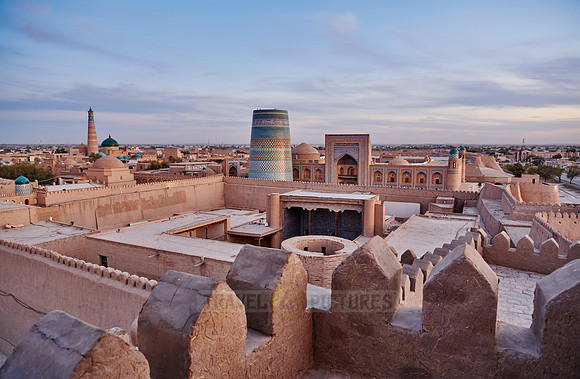 Panorama of ancient city of Khiva during sunset