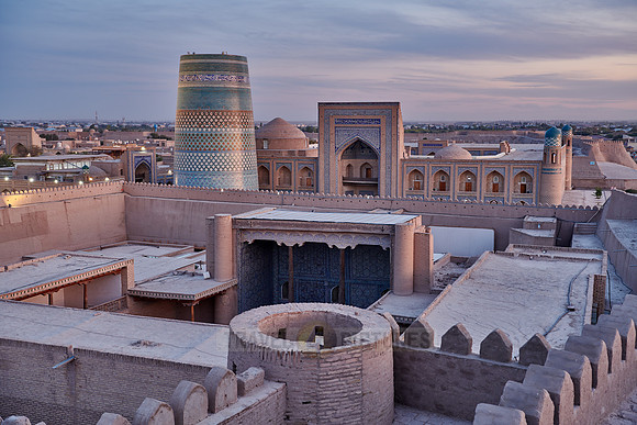 Panorama of ancient city of Khiva during sunset