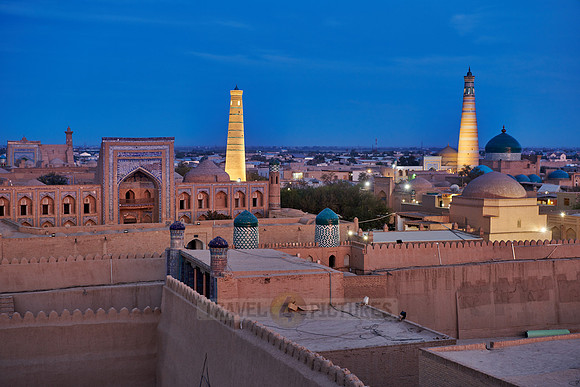 Panorama of illuminated ancient city of Khiva