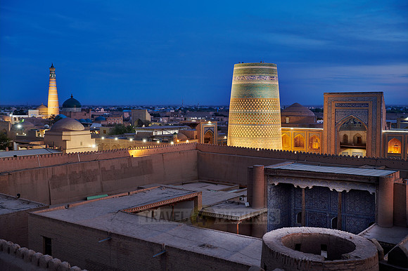 Panorama of illuminated ancient city of Khiva