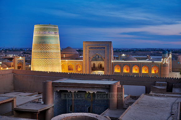 Panorama of illuminated ancient city of Khiva