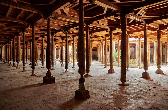 old wooden columns in Djuma Mosque old town Khiva