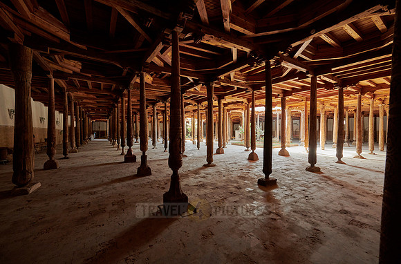old wooden columns in Djuma Mosque old town Khiva
