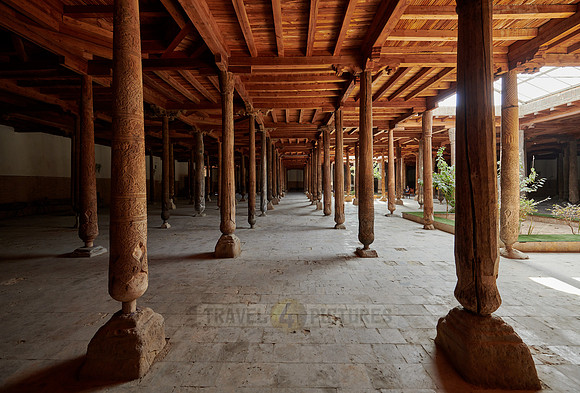 old wooden columns in Djuma Mosque old town Khiva