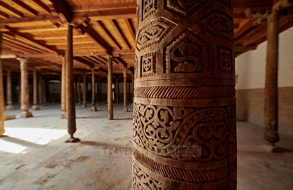 old wooden columns in Djuma Mosque old town Khiva