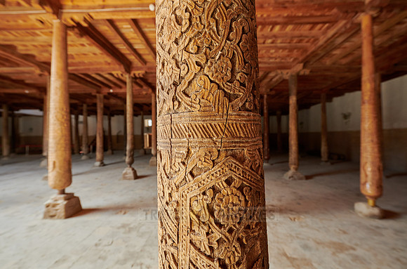 old wooden columns in Djuma Mosque old town Khiva