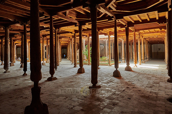 old wooden columns in Djuma Mosque old town Khiva