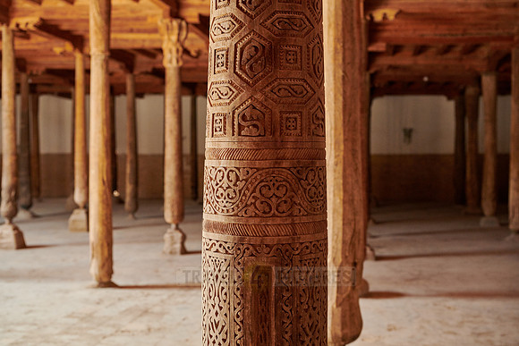 old wooden columns in Djuma Mosque old town Khiva