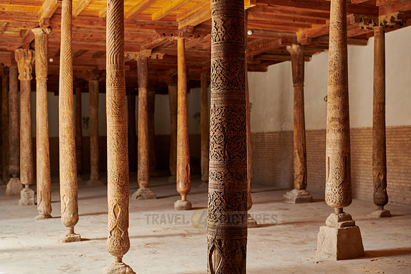 old wooden columns in Djuma Mosque old town Khiva