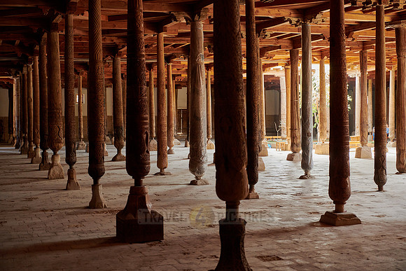 old wooden columns in Djuma Mosque old town Khiva