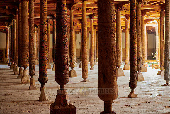 old wooden columns in Djuma Mosque old town Khiva