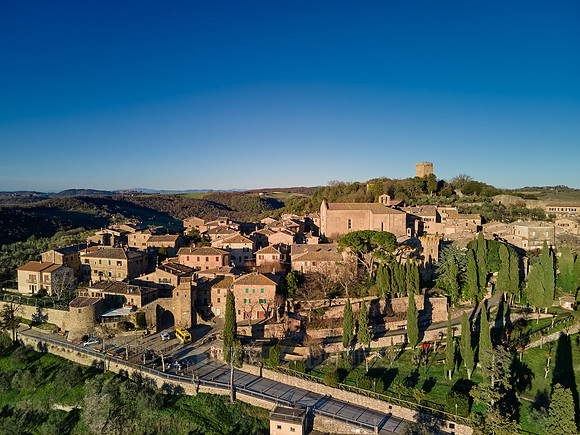 drone shot of medieval town Monticchiello