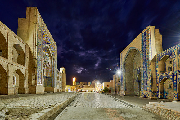 illuminated Ensemble of Abdul Aziz Khan or Abdulaziz Khan Madrassa and Ulugbek Madrassa