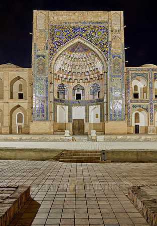 night shot of illuminated Abdul Aziz Khan or Abdulaziz Khan Madrassa