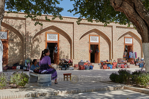 market stalls inside with souvenirs in Dorut Tilavat Complex, Shahrisabz