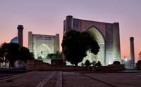 illuminated Bibi-Khanym Mosque or Bibi Khanum Mosque, Samarkand