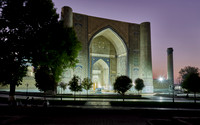 illuminated Bibi-Khanym Mosque or Bibi Khanum Mosque, Samarkand