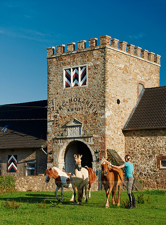 young lady with horses in front of Holzheim castle