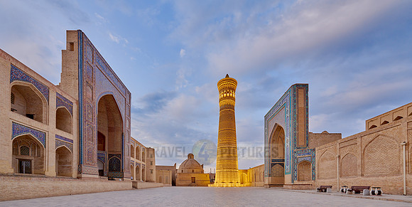 illuminated ensemble of Mir-i Arab-Madressa Kalyan-Mosque and minaret