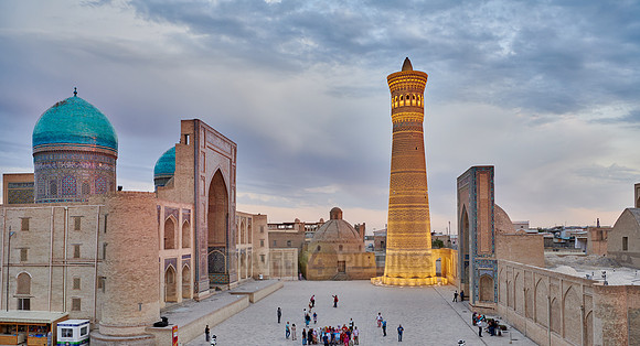 illuminated ensemble of Mir-i Arab-Madressa Kalyan-Mosque and minaret
