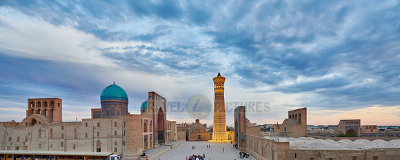 illuminated ensemble of Mir-i Arab-Madressa, Kalyan-Mosque and minaret,