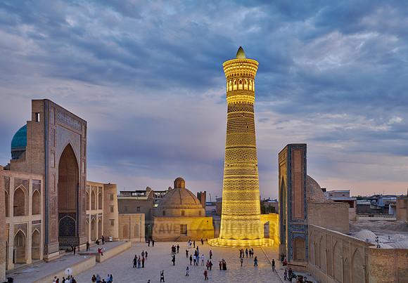 illuminated ensemble of Mir-i Arab-Madressa Kalyan-Mosque and minaret