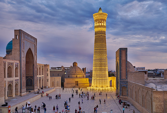 illuminated ensemble of Mir-i Arab-Madressa Kalyan-Mosque and minaret