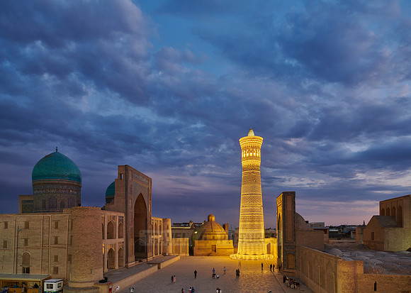 illuminated ensemble of Mir-i Arab-Madressa Kalyan-Mosque and minaret