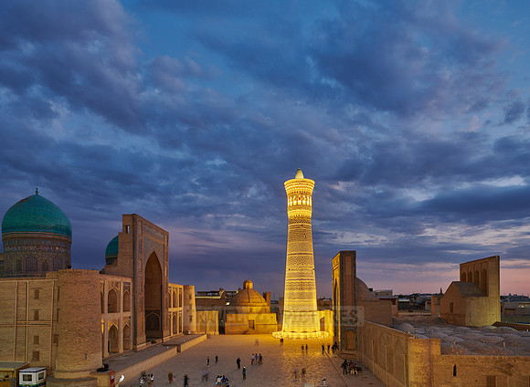illuminated ensemble of Mir-i Arab-Madressa Kalyan-Mosque and minaret