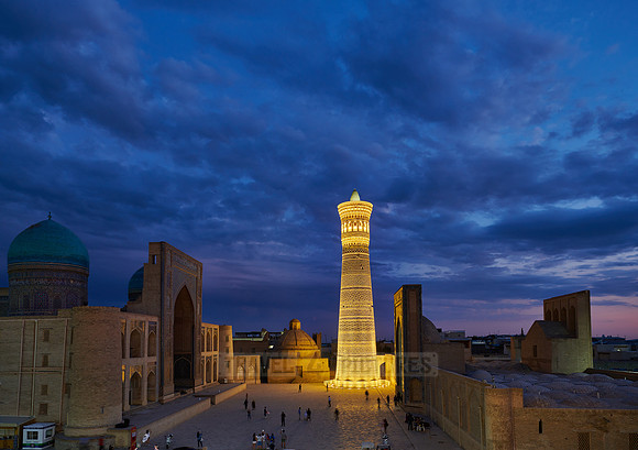 illuminated ensemble of Mir-i Arab-Madressa Kalyan-Mosque and minaret