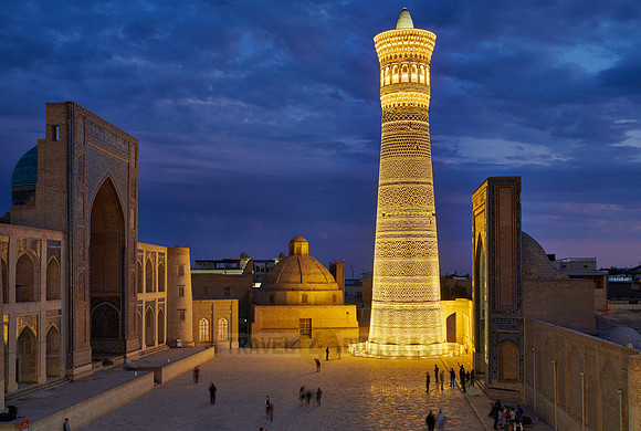 illuminated ensemble of Mir-i Arab-Madressa Kalyan-Mosque and minaret