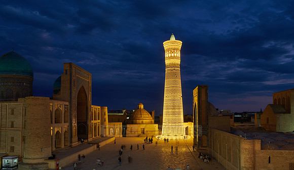 illuminated ensemble of Mir-i Arab-Madressa Kalyan-Mosque and minaret