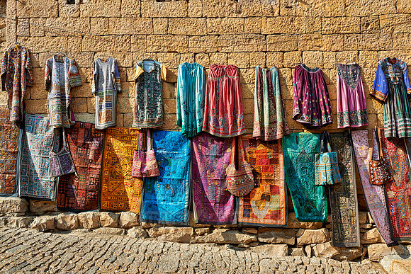 colorful textiles on a wall in Jaisalmer
