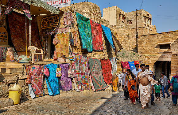 colorful textiles on a wall in Jaisalmer