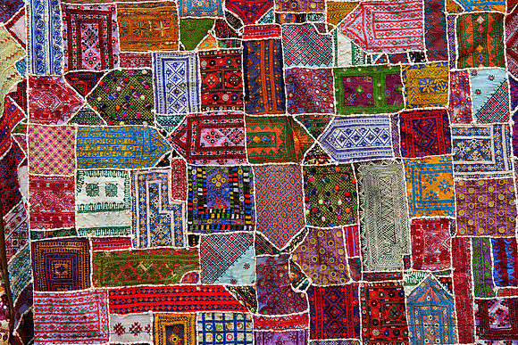 colorful pattern of different pieces of textiles in Jaisalmer