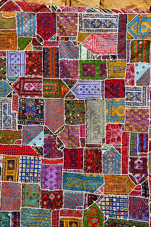 colorful pattern of different pieces of textiles in Jaisalmer