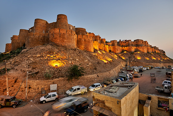 night shot of illuminated city wall of Jaisalmer