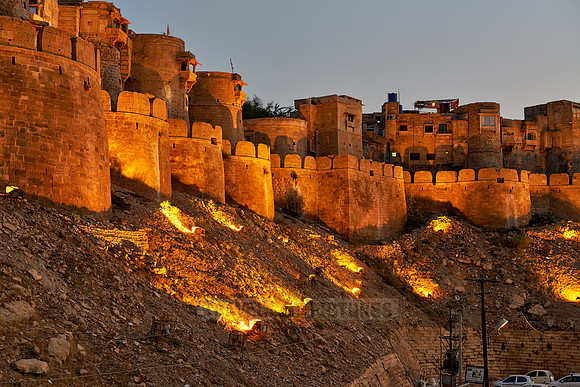 night shot of illuminated city wall of Jaisalmer
