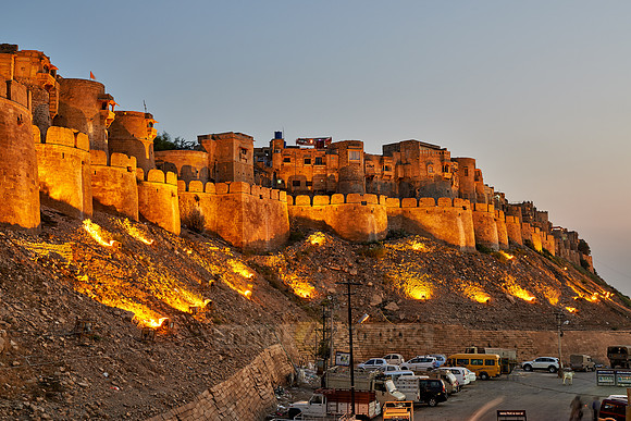 night shot of illuminated city wall of Jaisalmer