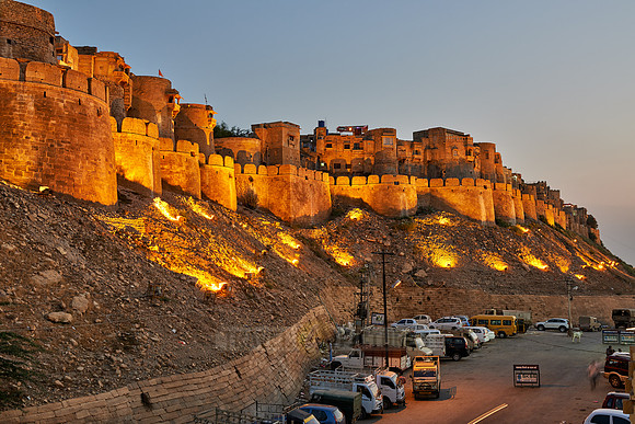 night shot of illuminated city wall of Jaisalmer