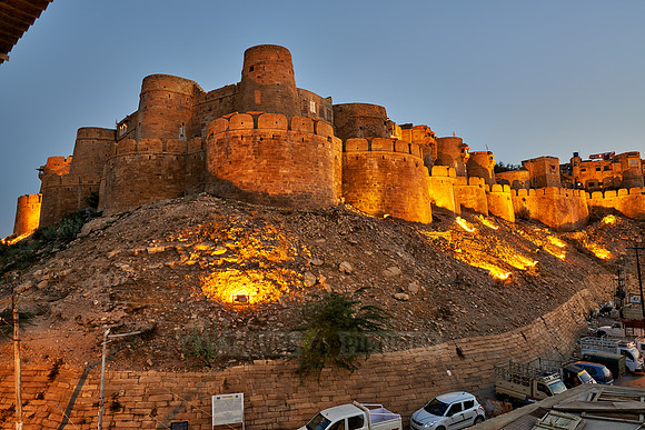 night shot of illuminated city wall of Jaisalmer