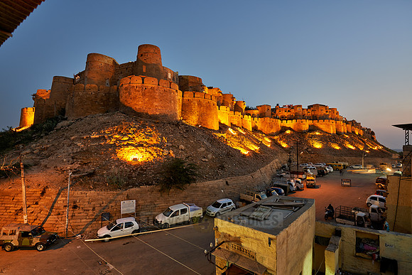 night shot of illuminated city wall of Jaisalmer