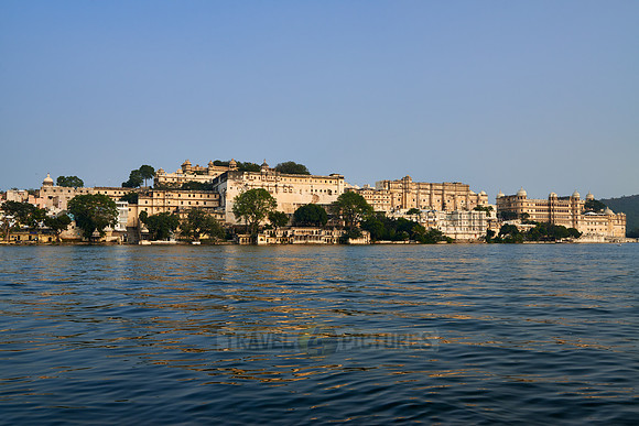 panorama shot over Lake Pichola onto City palace and Taj Fateh Prakash Palace of Udaipur