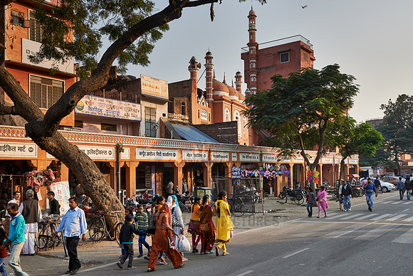 colorful streetlife and typical facades of houses in Jaipur