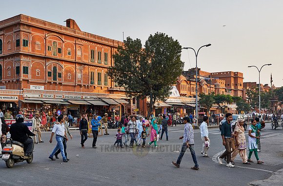 colorful streetlife and typical facades of houses in Jaipur