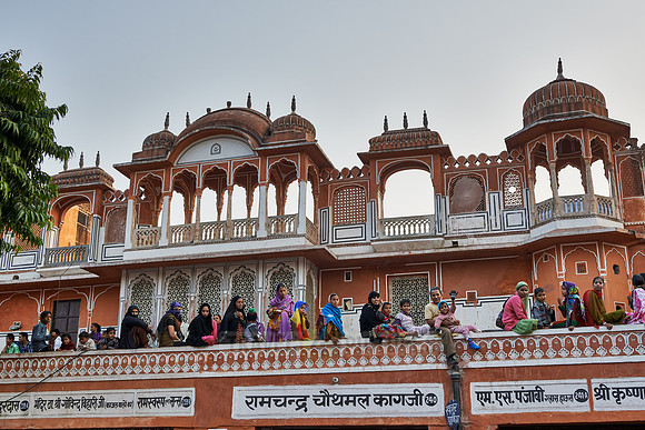 colorful streetlife and typical facades of houses in Jaipur