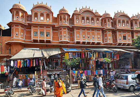 colorful streetlife and typical facades of houses in Jaipur