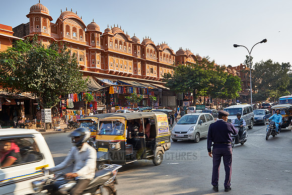 colorful streetlife and typical facades of houses in Jaipur