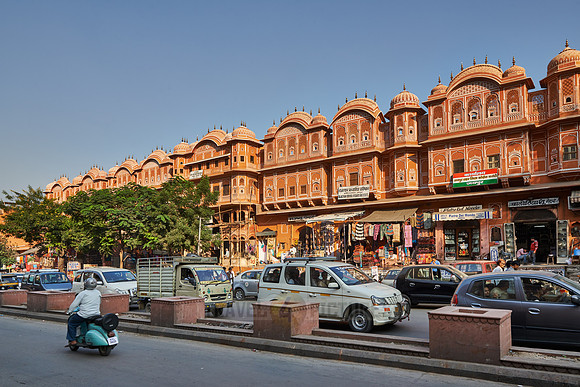 colorful streetlife and typical facades of houses in Jaipur
